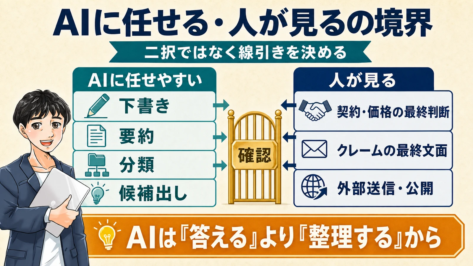 AIに任せやすい業務と人が確認すべき業務の境界を左右で比較したアニメ調図解