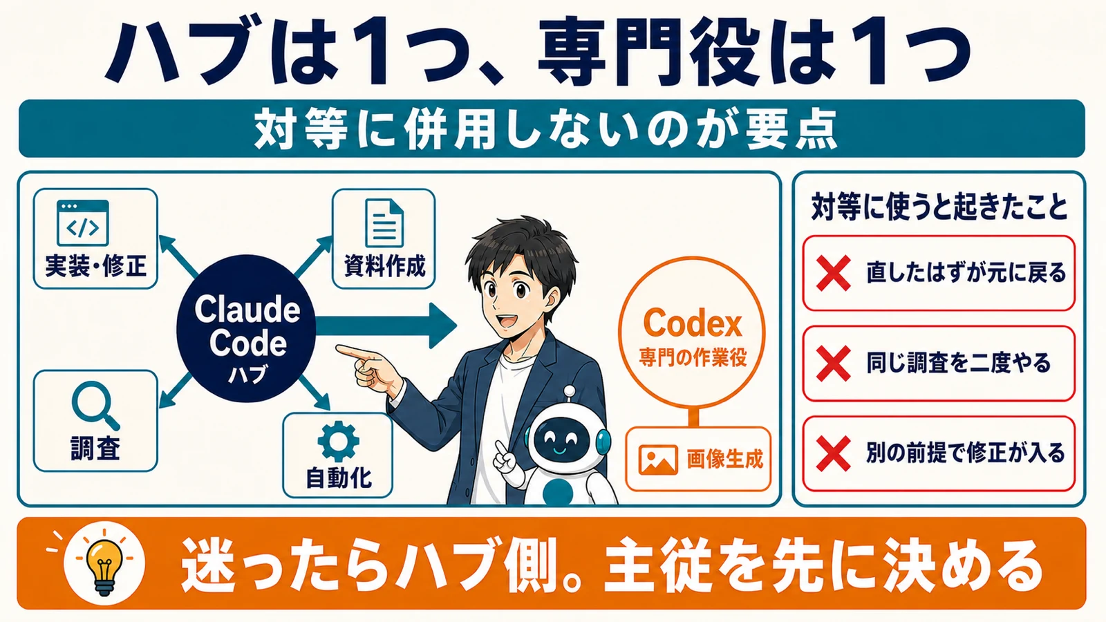 Claude Codeをハブ、Codexを専門の作業役に置いた構成と、対等併用で起きた事故を示した図解