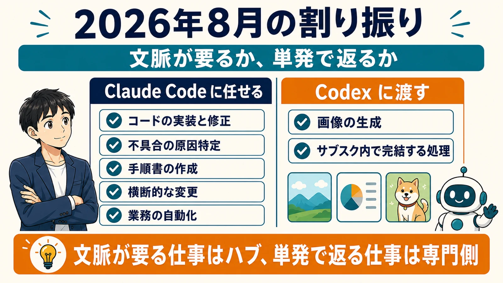 2026年8月時点でClaude CodeとCodexに割り振っている業務を左右で比較した図解