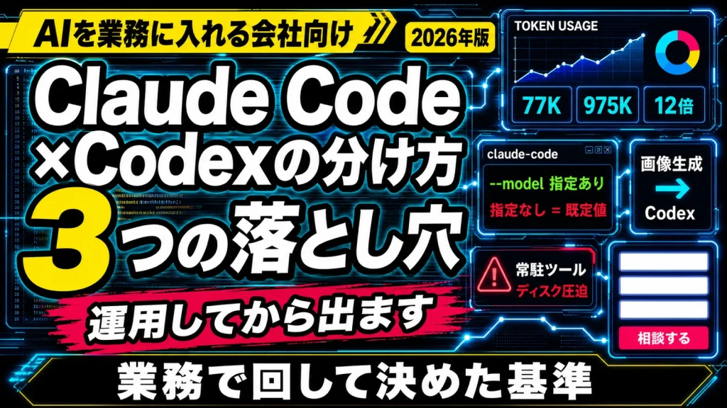 Claude CodeとCodexの使い分けと運用で踏んだ3つの落とし穴を示したサムネイル