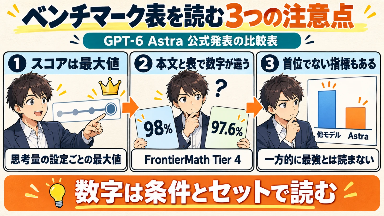 GPT-6 Astraのベンチマーク表を読むときの注意点として、スコアは最大値であること、本文と表で数値が違うこと、首位でない指標もあることを3つのパネルで示した図解