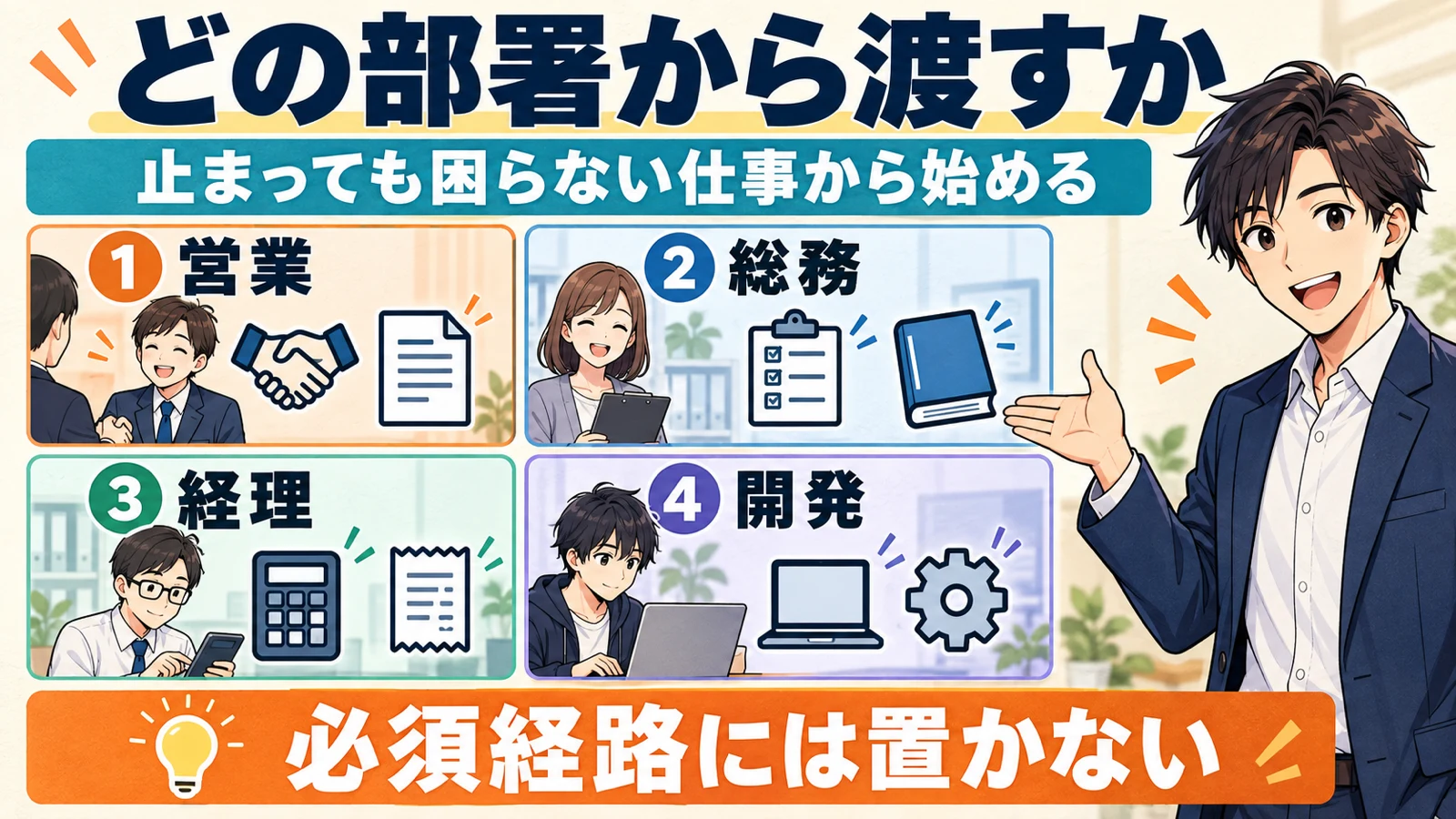 営業・総務・経理・開発の4部署別にCopilotへ渡しやすい仕事を並べ、必須経路には置かないと示した図解