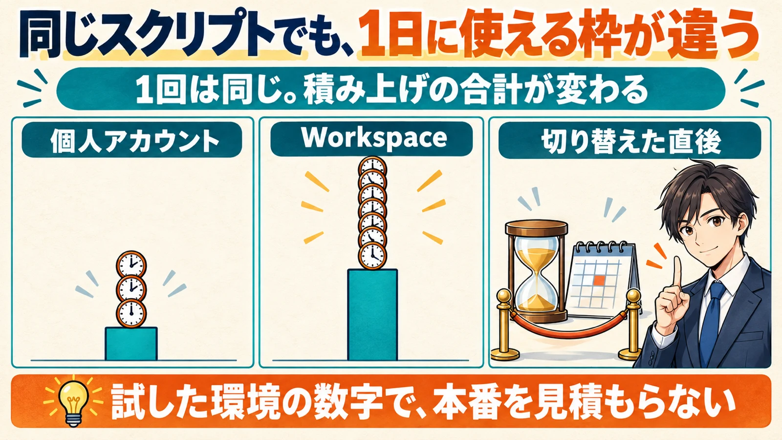 同じスクリプトでも個人アカウントとGoogle Workspaceで1日に使えるトリガーの合計枠が異なり、有料へ移行した直後は条件が付くことを示した図解