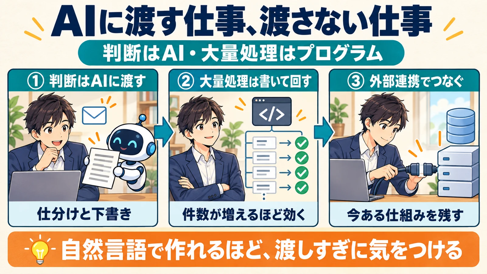 判断はAIに渡し、大量処理はプログラムで回し、外部連携でつなぐという3つの役割分担を示した図解