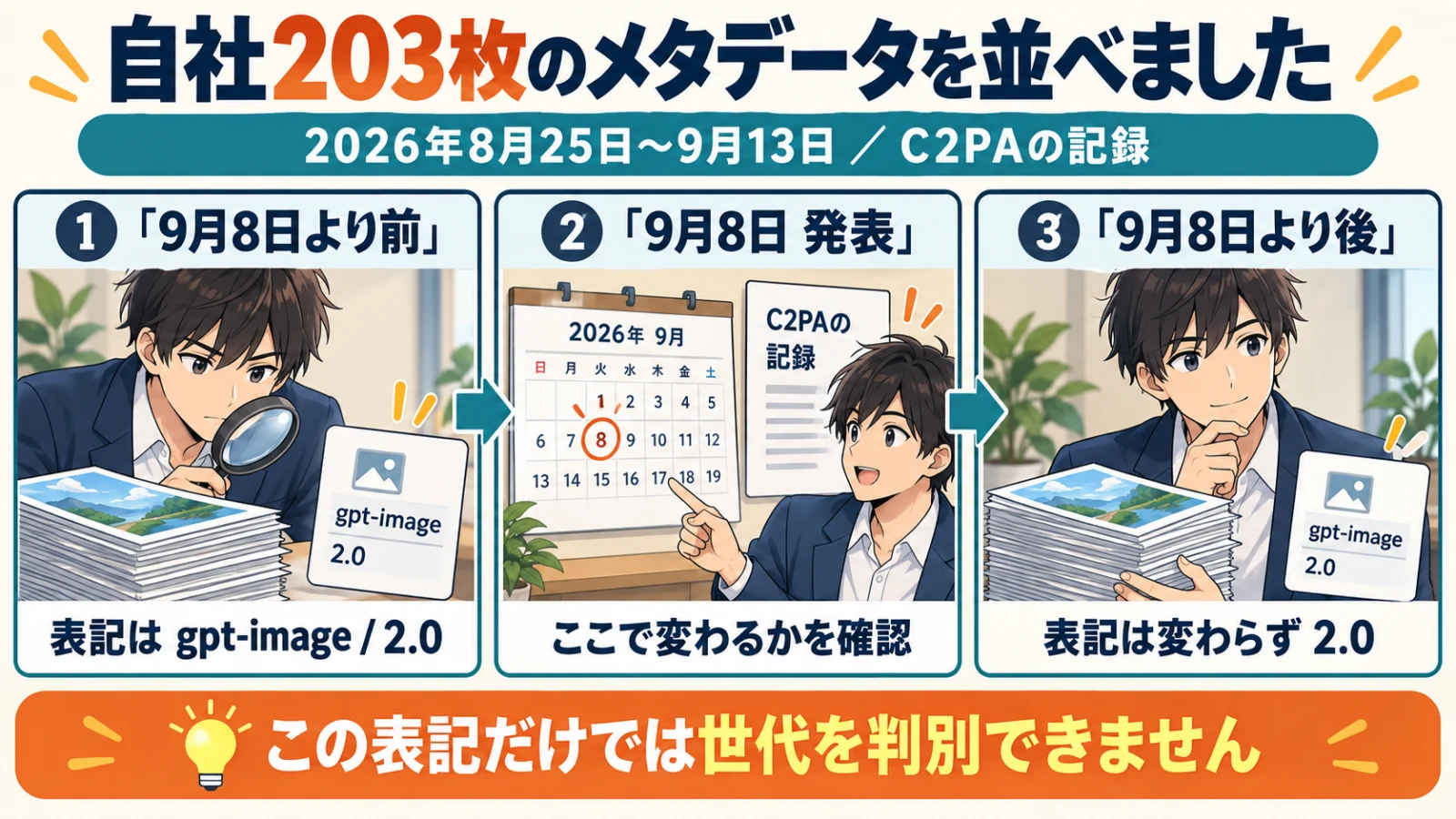 2026年8月25日から9月13日に自社で生成した画像203枚のC2PAメタデータが、9月8日の発表前後で「gpt-image / 2.0」のまま変わらなかったことを示す図解