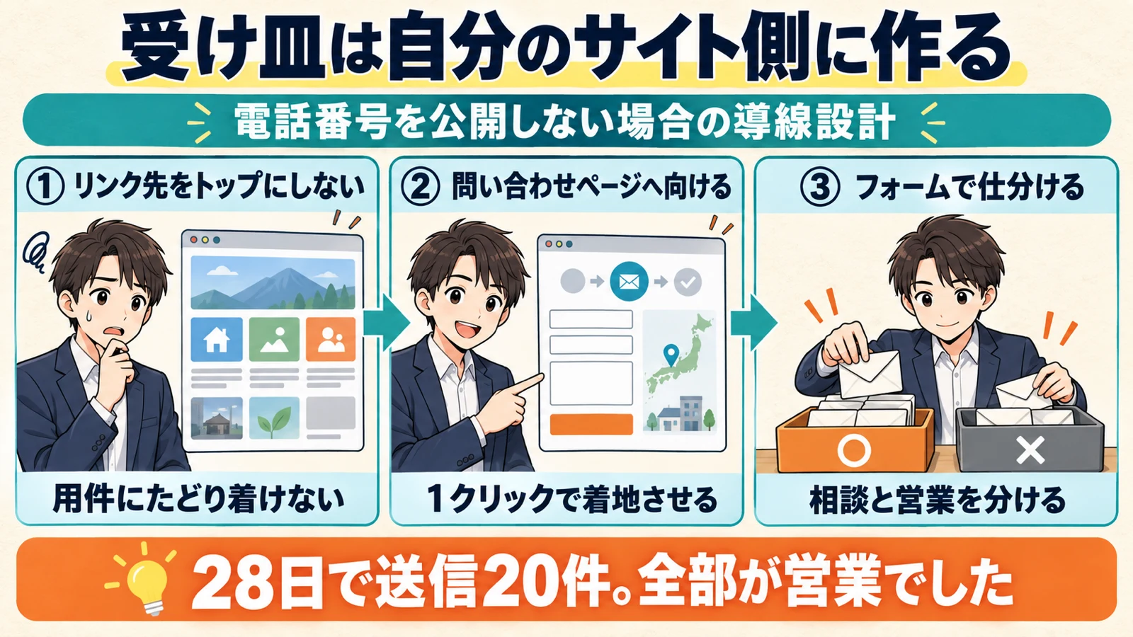 GBPのウェブサイトリンクをトップページではなく問い合わせページへ向け、フォーム側で相談と営業を仕分ける構成図
