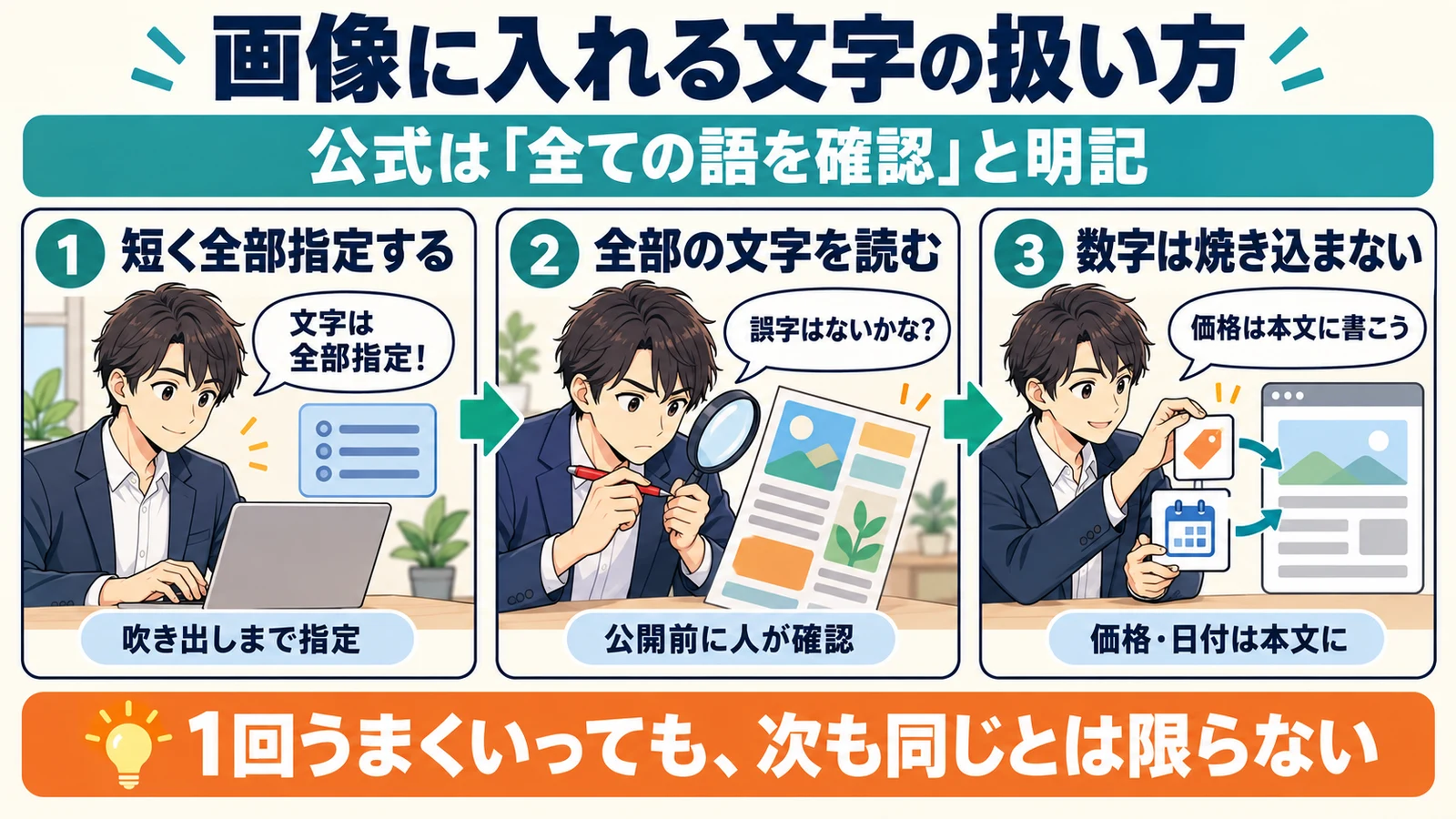 AIで作る業務画像の文字は、短く指定する・全部の文字を人が確認する・価格や日付は画像に焼き込まないの3段階で扱うことを示した図解