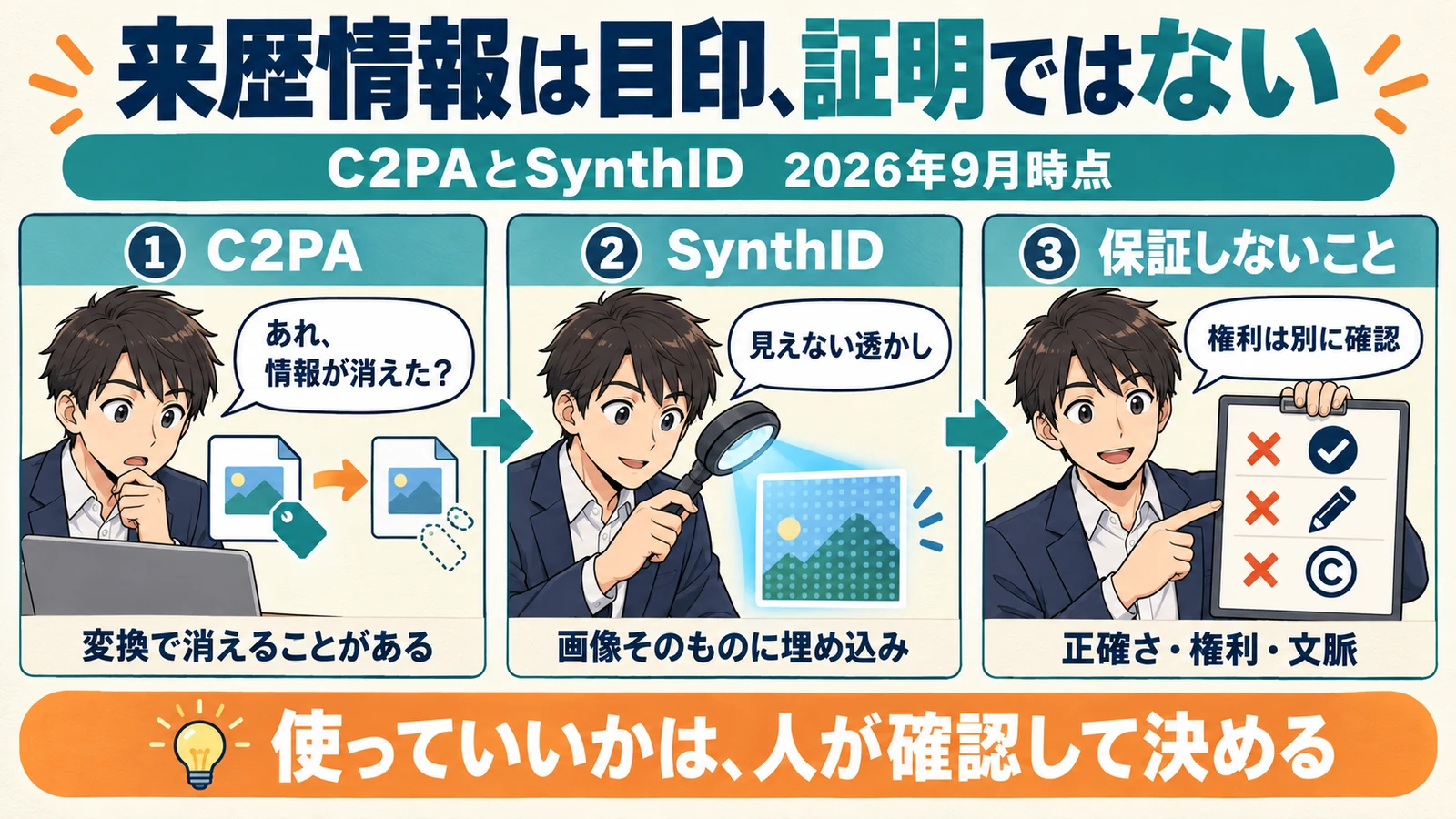 ChatGPT Images 2.5の画像に入るC2PAメタデータとSynthIDの透かしの違いと、どちらも正確さや権利を保証しないことを示した図解