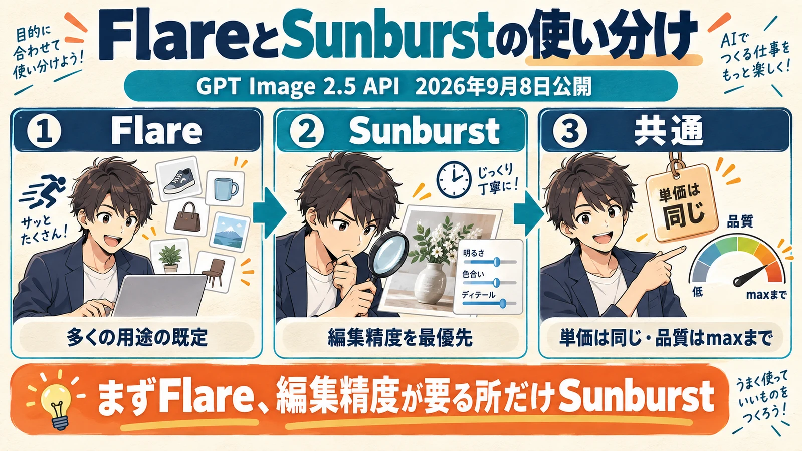 GPT Image 2.5のFlareは多くの用途の既定、Sunburstは編集精度を最優先する用途向けで、単価は共通であることを3コマで示した図解