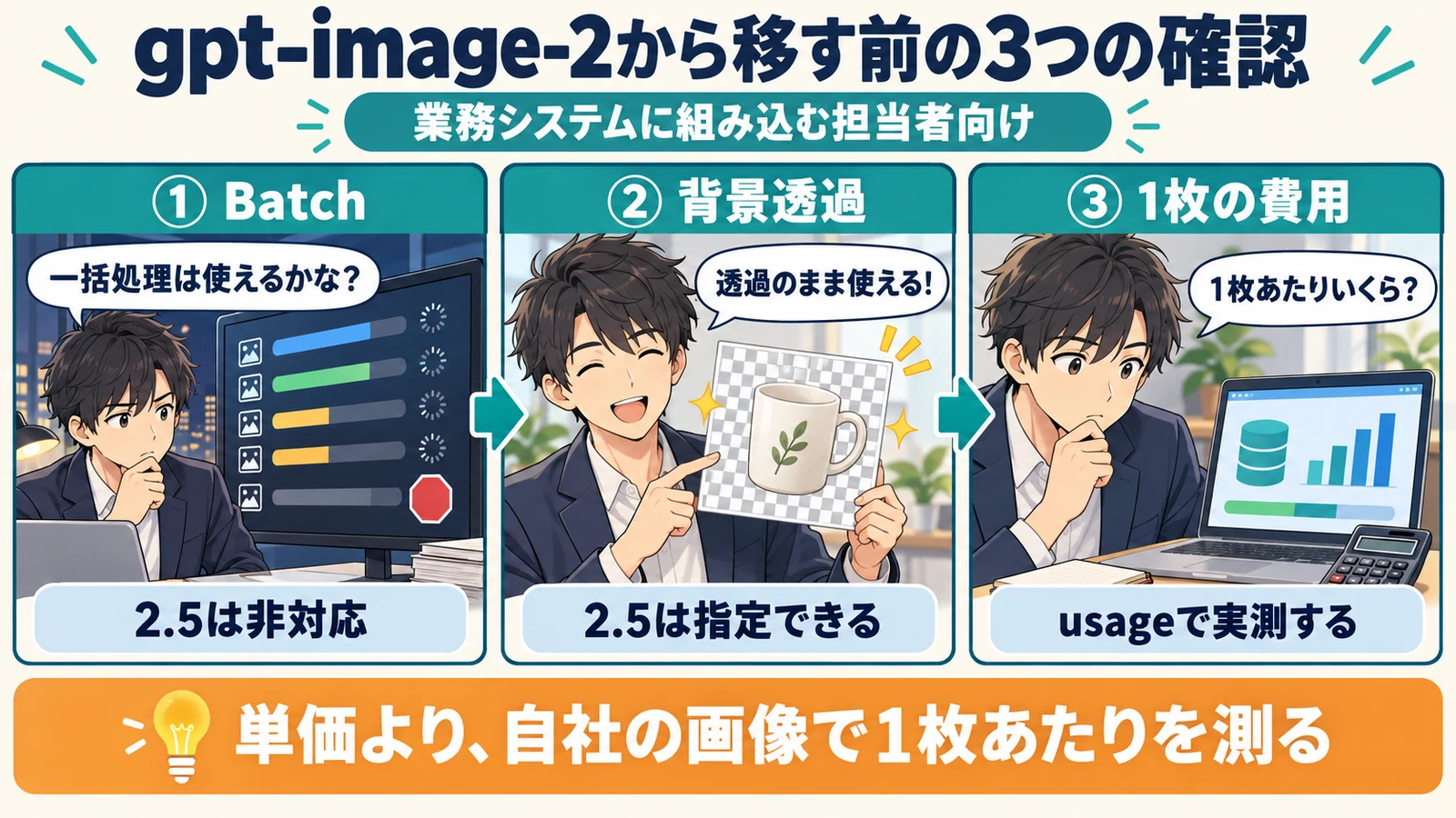 gpt-image-2からGPT Image 2.5へ移す前に、Batch非対応・背景透過の指定・1枚あたりの費用の実測の3点を確認することを示した図解