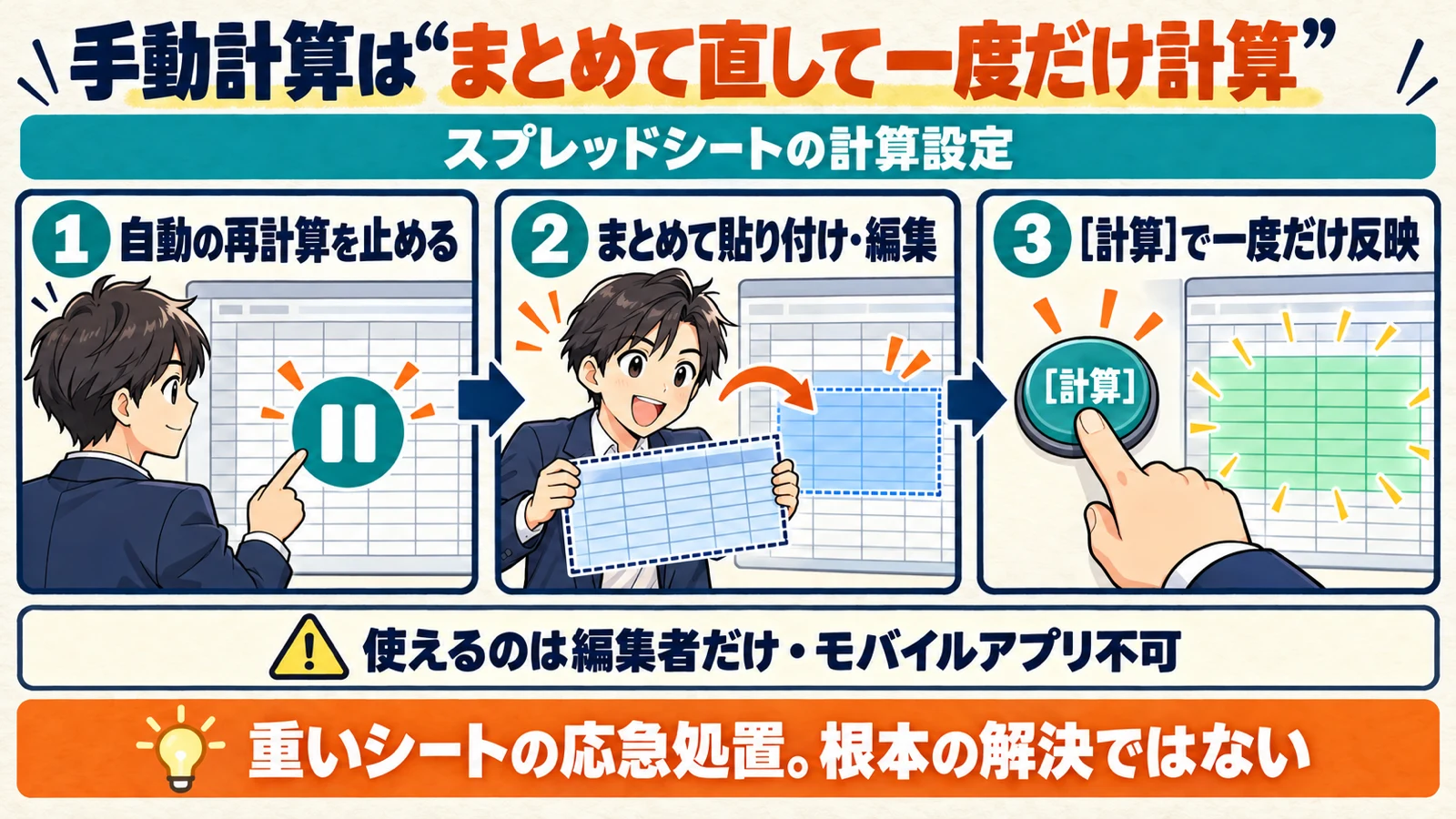 自動の再計算を止める、まとめて貼り付けや編集をする、計算ボタンで一度だけ反映する、というGoogleスプレッドシートの手動計算の3段階の流れと、編集者だけが使えモバイルアプリでは使えないことを示した図解