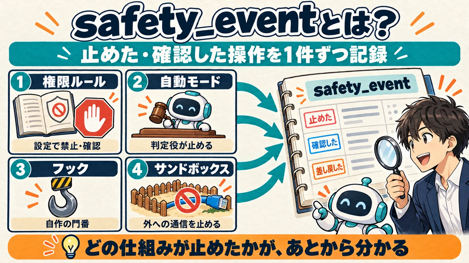 権限ルール・自動モード・フック・サンドボックスの4つの仕組みが止めた操作が、safety_eventという1冊の記録に「止めた」「確認した」「差し戻した」として残ることを示す図解