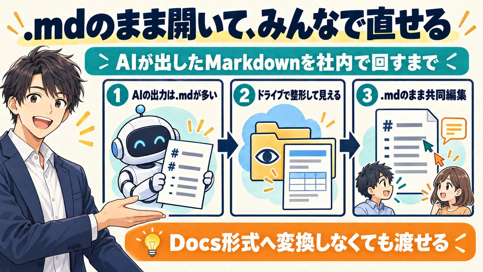 AIが出したMarkdownファイルを、Googleドライブで整形して表示し、Googleドキュメントで.mdのまま共同編集するまでを3段で示した図解
