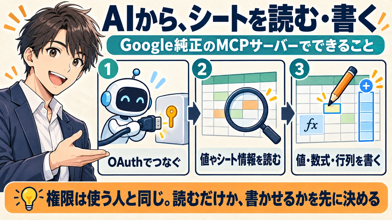 AIがOAuthでGoogleスプレッドシートのMCPサーバーにつながり、値やシート情報を読み、値・数式・行列を書き込むまでを3段で示した図解