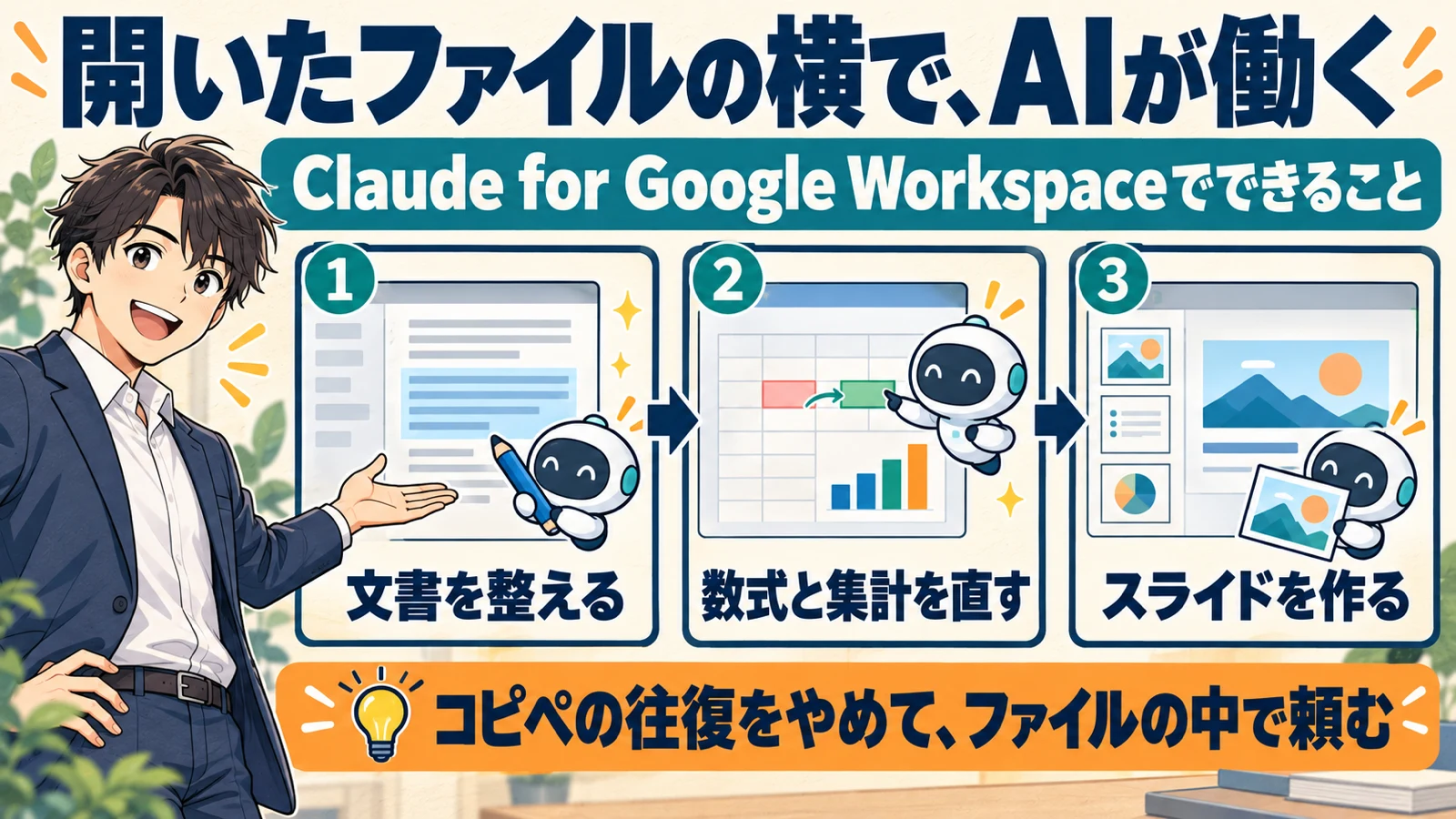 Googleドキュメント・スプレッドシート・スライドの横にClaudeのサイドバーが開き、文書を整える・数式と集計を直す・スライドを作るの3つを示した図解