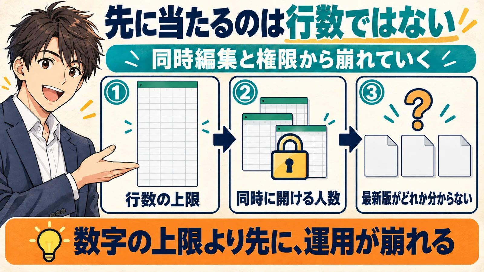Excelで先に当たる上限は行数ではなく、同時に開ける人数と最新版の所在であることを3段で示した図解
