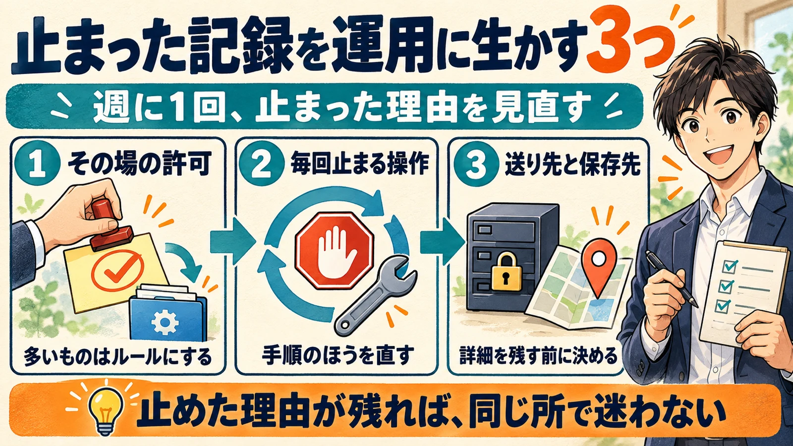 止まった記録を運用に生かす3つとして、その場の許可が多い操作はルールにする、毎回止まる操作は手順を直す、詳細を残す前に送り先と保存先を決める、を示す図解