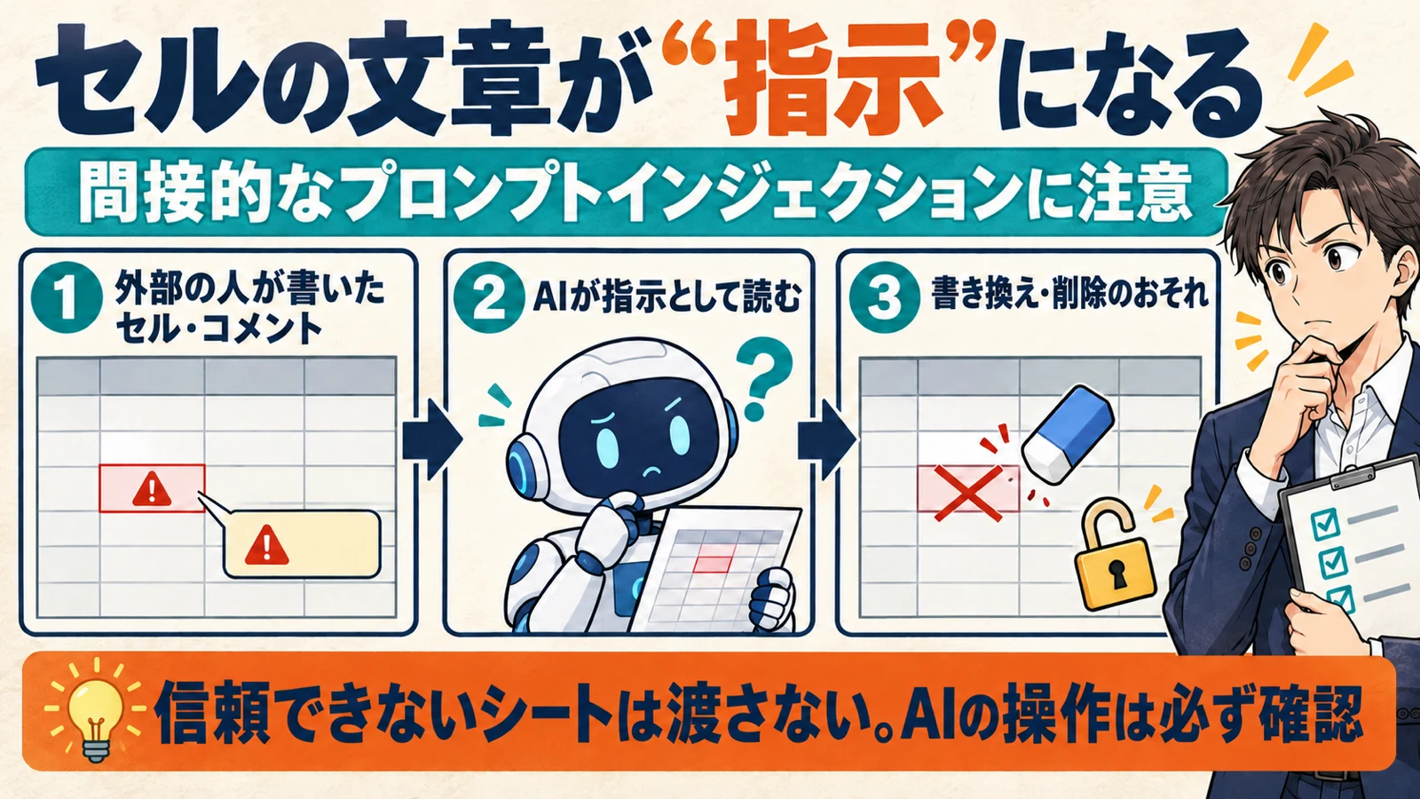 外部の人が書いたセルやコメントの文章を、AIが指示として読んでしまい、シートの書き換えや削除につながるおそれを3段で示した図解