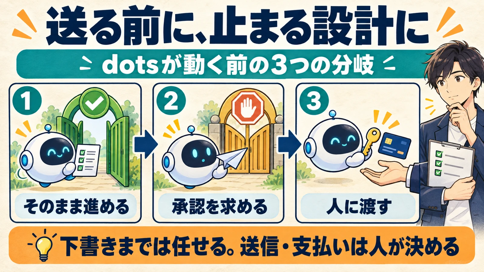 dotsが動く前に、そのまま進める・承認を求める・人に渡すの3つに分かれる仕組みを示し、送信や支払いは人が決めることを伝える図解