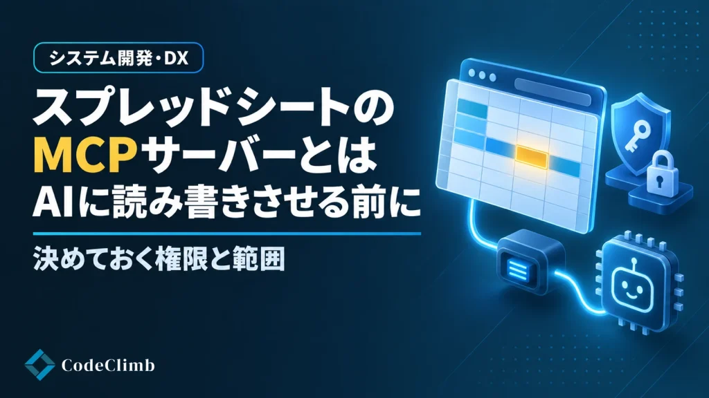 GoogleスプレッドシートのMCPサーバーとは何か、AIに読み書きさせる前に決めておく権限と範囲を示したCodeClimbのブログサムネイル
